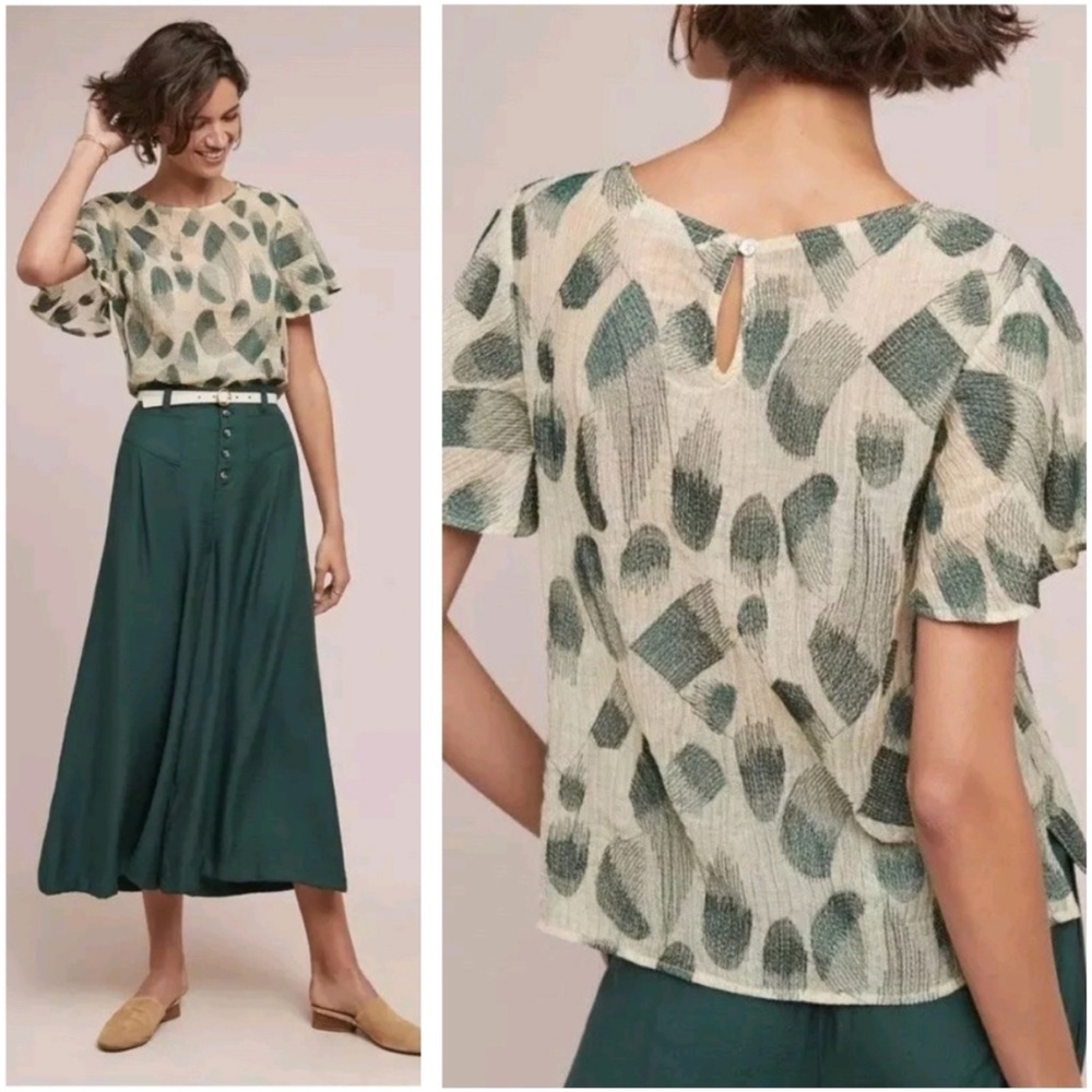 Eri + Ali Anthropologie Green Abstract Flutter Sleeve Blouse S